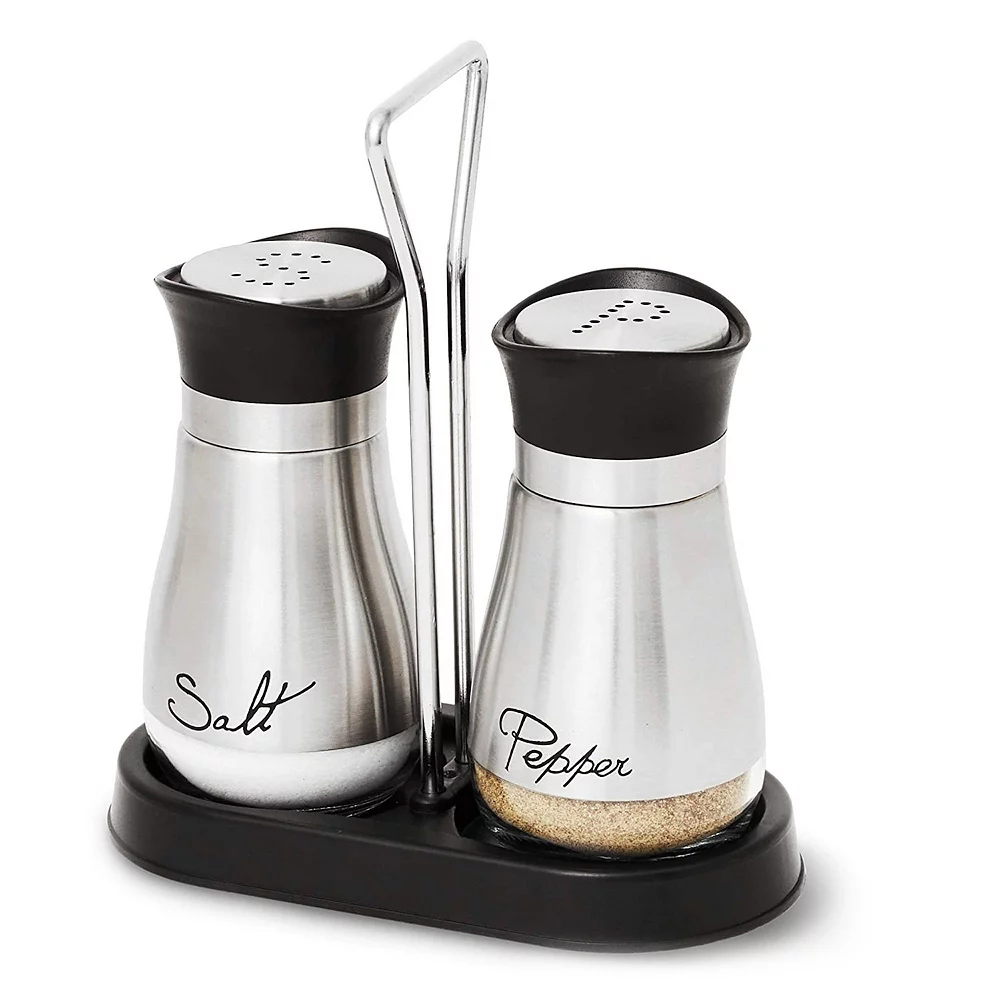 Juvale Salt And Pepper Shakers Set With Holder, Unique Stainless Steel And Glass Dispensers For Kitchen Accessories (4oz) 3 Juvale Salt And Pepper Shakers Set With Holder, Unique Stainless Steel And Glass Dispensers For Kitchen Accessories (4oz)