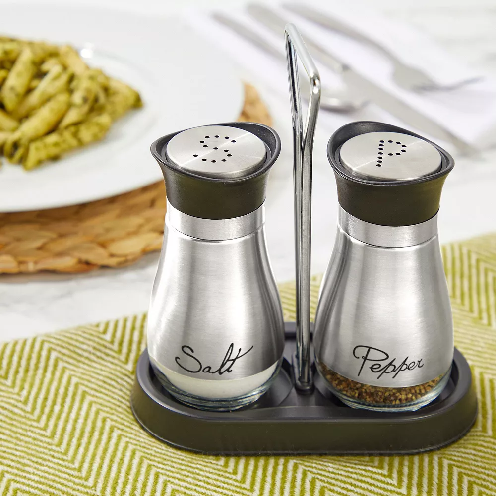 Juvale Salt And Pepper Shakers Set With Holder, Unique Stainless Steel And Glass Dispensers For Kitchen Accessories (4oz) 4 Juvale Salt And Pepper Shakers Set With Holder, Unique Stainless Steel And Glass Dispensers For Kitchen Accessories (4oz) - Image 2