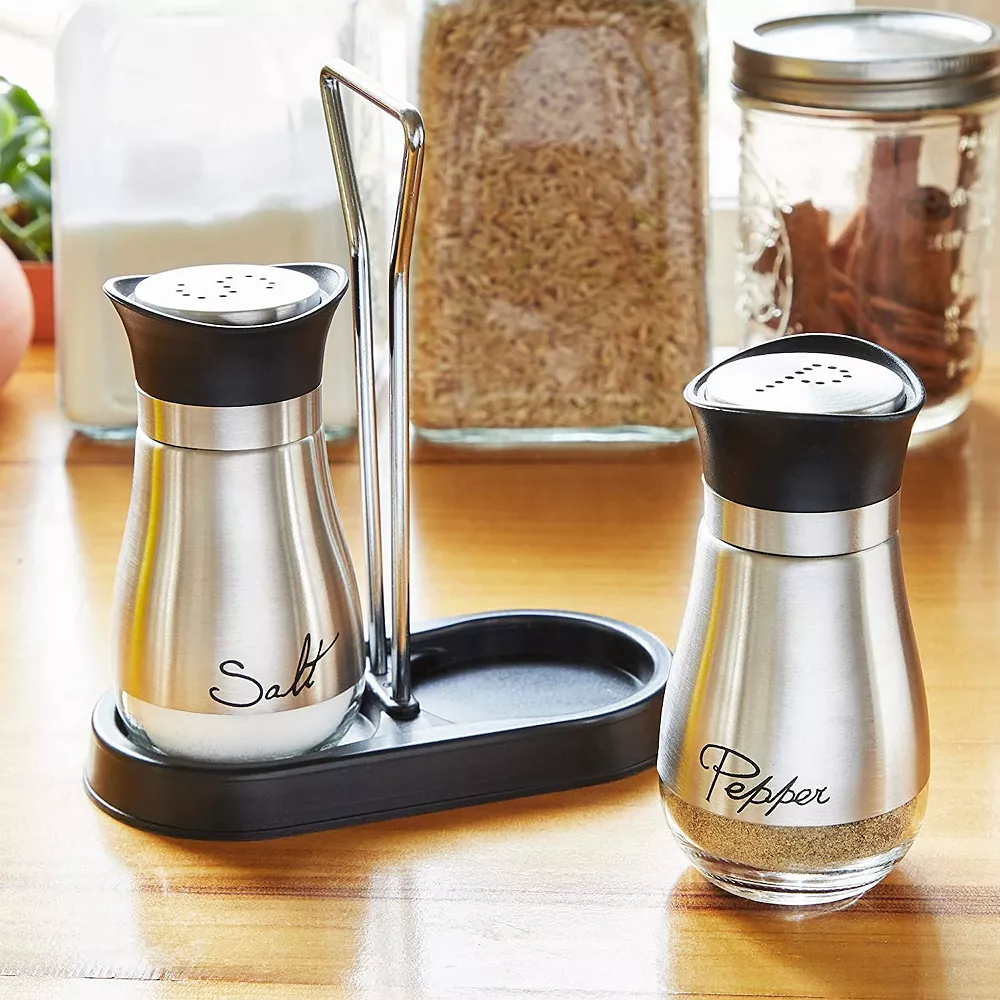 Juvale Salt And Pepper Shakers Set With Holder, Unique Stainless Steel And Glass Dispensers For Kitchen Accessories (4oz) 5 Juvale Salt And Pepper Shakers Set With Holder, Unique Stainless Steel And Glass Dispensers For Kitchen Accessories (4oz) - Image 3