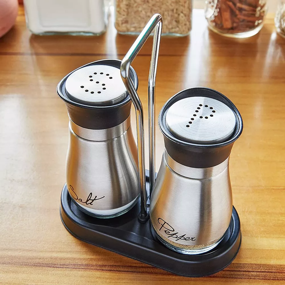 Juvale Salt And Pepper Shakers Set With Holder, Unique Stainless Steel And Glass Dispensers For Kitchen Accessories (4oz) 6 Juvale Salt And Pepper Shakers Set With Holder, Unique Stainless Steel And Glass Dispensers For Kitchen Accessories (4oz) - Image 4
