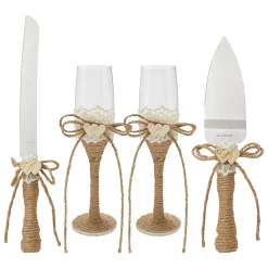 Juvale 4 Piece Rustic Wedding Cake Knife And Server Set With Champagne Glasses For Bride And Groom, Country Theme