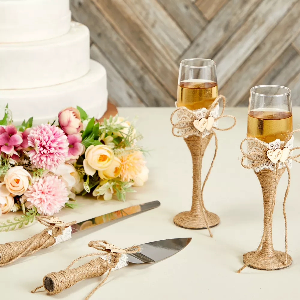 Juvale 4 Piece Rustic Wedding Cake Knife And Server Set With Champagne Glasses For Bride And Groom, Country Theme 5 Juvale 4 Piece Rustic Wedding Cake Knife And Server Set With Champagne Glasses For Bride And Groom, Country Theme - Image 3