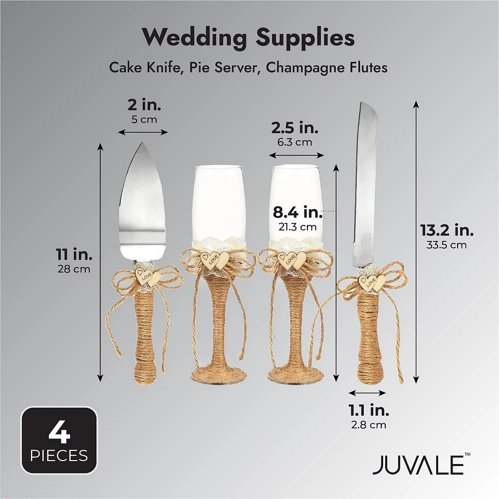 Juvale 4 Piece Rustic Wedding Cake Knife And Server Set With Champagne Glasses For Bride And Groom, Country Theme 6 Juvale 4 Piece Rustic Wedding Cake Knife And Server Set With Champagne Glasses For Bride And Groom, Country Theme - Image 4