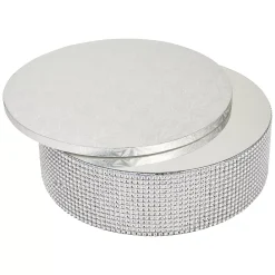 Sparkle And Bash 2 Piece Silver Foil Wedding Cake Stand With Rhinestones And 12 Inch Cake Drum, Dessert Holder For Centerpieces