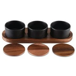 Kalmar Home Black Ceramic Condiment Set On Acacia Wood Base