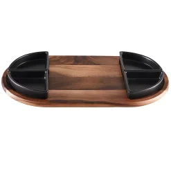 Kalmar Home Charcuterie/ Serving Tray W/ 4 Black Triangular Ceramic Bowls
