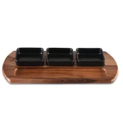 Kalmar Home Charcuterie/ Serving Tray W/ 3 Black Square Ceramic Bowls