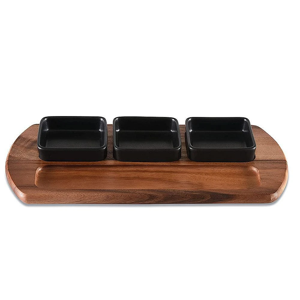 Kalmar Home Charcuterie/ Serving Tray W/ 3 Black Square Ceramic Bowls