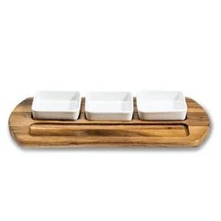 Kalmar Home Charcuterie/ Serving Tray W/ 3 Square Ceramic Bowls