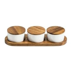 Kalmar Home Ceramic Condiment Set On Acacia Wood Base