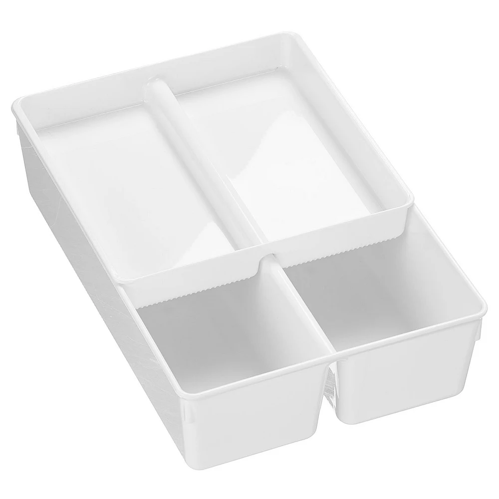 MDesign Plastic Stackable Kitchen Storage Drawer Organizer Bin With 2-Tier Tray For Cabinet, Pantry, Drawer, Refrigerator, Freezer - Hold Utensils, Flatware, Appliances - Ligne Collection - White